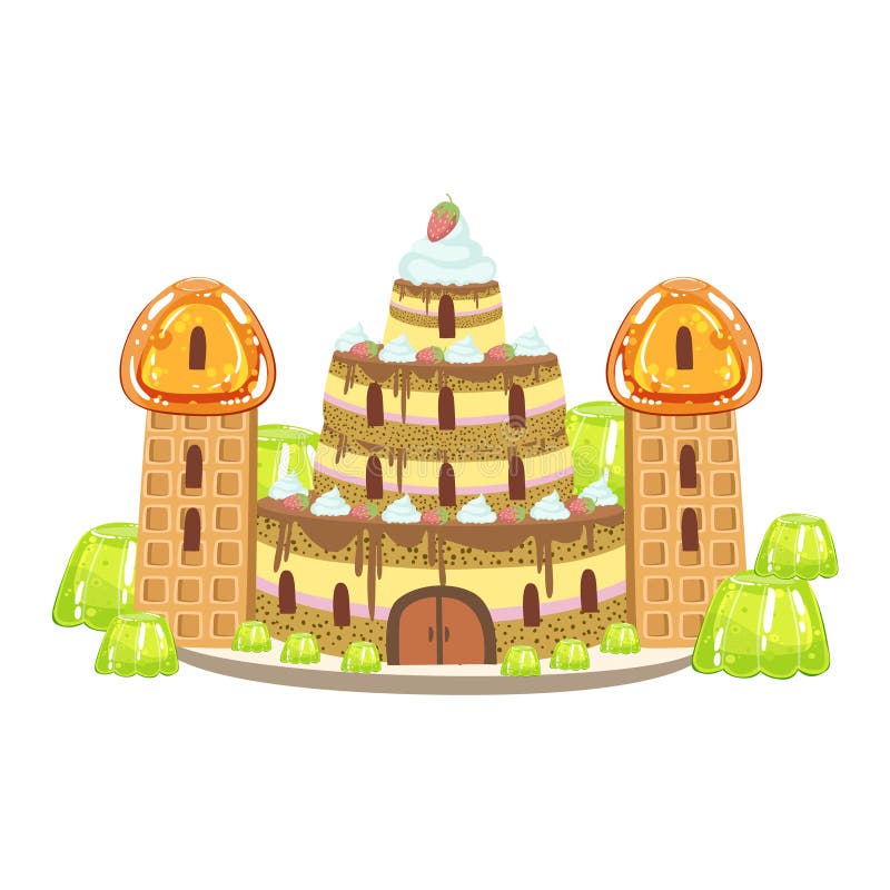 Het Kasteel van de verjaardagscake met van het de Fantasiesuikergoed van Wafeltorens Element van het het Land het Zoete Landschap royalty-vrije illustratie Het Kasteel van de verjaardagscake met van het de Fantasiesuikergoed van Wafeltorens Element van het het Land het Zoete Landschap royalty-vrije illustratie