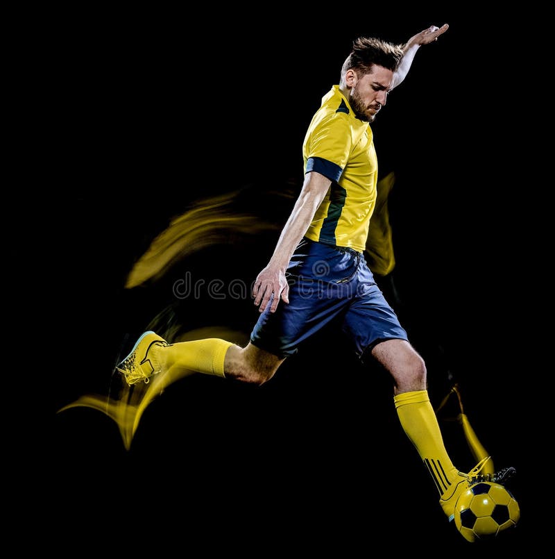 Het Kaukasische van de voetballermens zwarte lichte schilderen als achtergrond stock foto Het Kaukasische van de voetballermens zwarte lichte schilderen als achtergrond stock foto