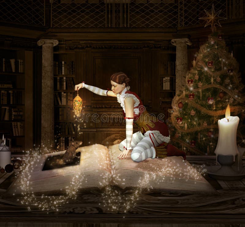 Het Kerstmiself zit op een boek met lantaarn en muis vector illustratie Het Kerstmiself zit op een boek met lantaarn en muis vector illustratie