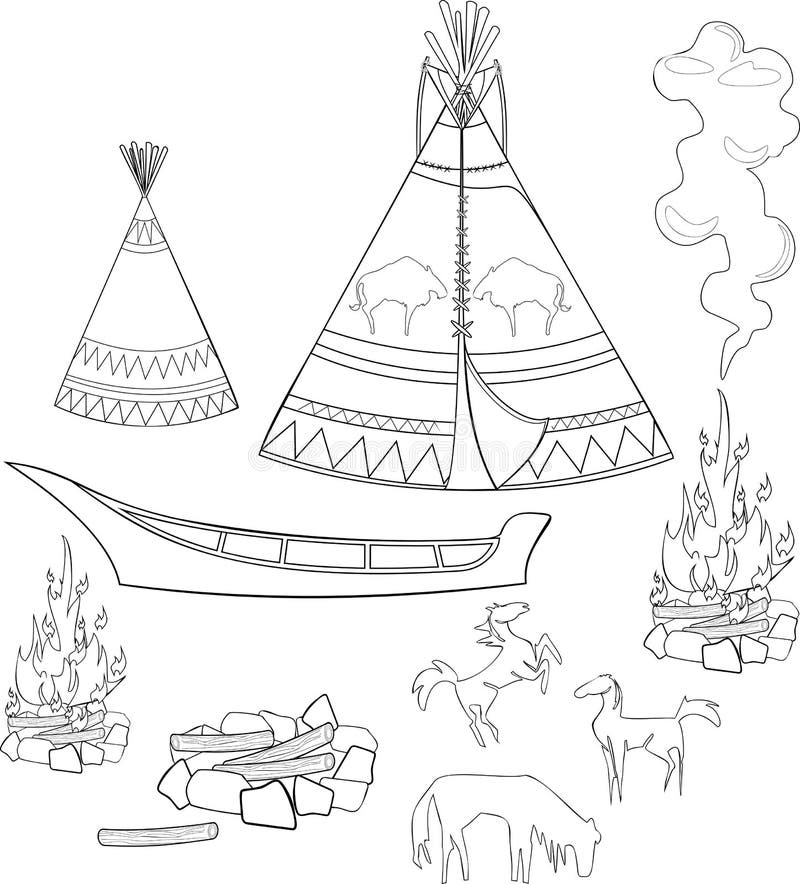Coloring page with native american set. Coloring page with native american set