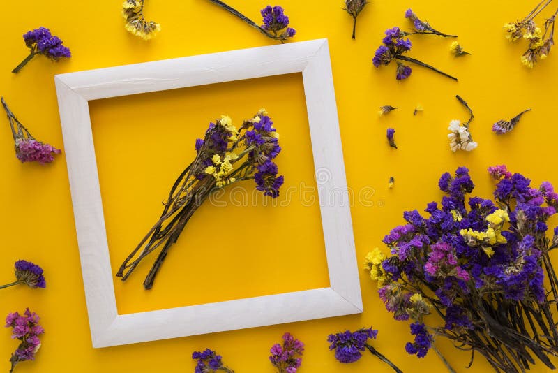 Het kleurrijke boeket van de droge herfst bloeit het liggen op een wit kader op gele document achtergrond De ruimte van het exemp royalty-vrije stock afbeelding Het kleurrijke boeket van de droge herfst bloeit het liggen op een wit kader op gele document achtergrond De ruimte van het exemp royalty-vrije stock afbeelding