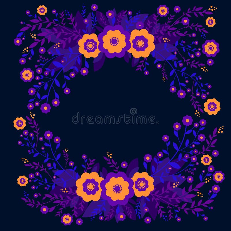 Het kleurrijke kader van fantasie abstracte originele bloemen De kaart van de ontwerpgroet met heldere oranje en violette bloesem vector illustratie Het kleurrijke kader van fantasie abstracte originele bloemen De kaart van de ontwerpgroet met heldere oranje en violette bloesem vector illustratie