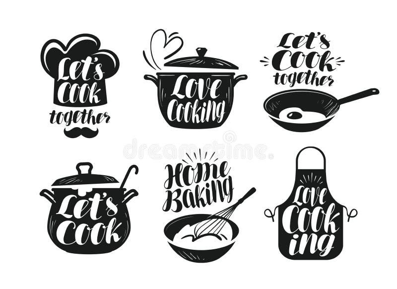 Het koken, het koken, de reeks van het keukenetiket Kok, chef-kok, keukengereipictogram of embleem Het met de hand geschreven van