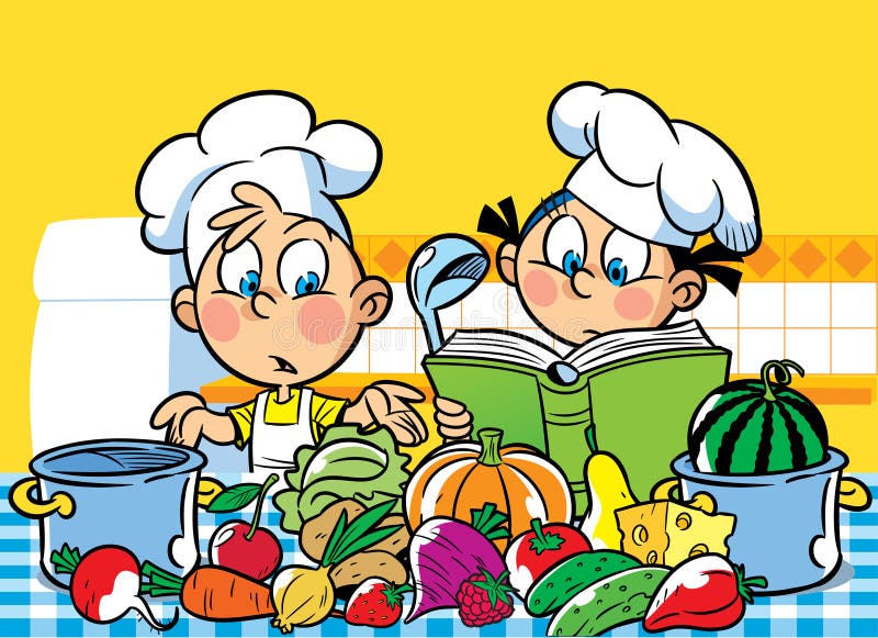 The illustration shows a boy and a girl. They cook in the kitchen. The illustration shows a boy and a girl. They cook in the kitchen.