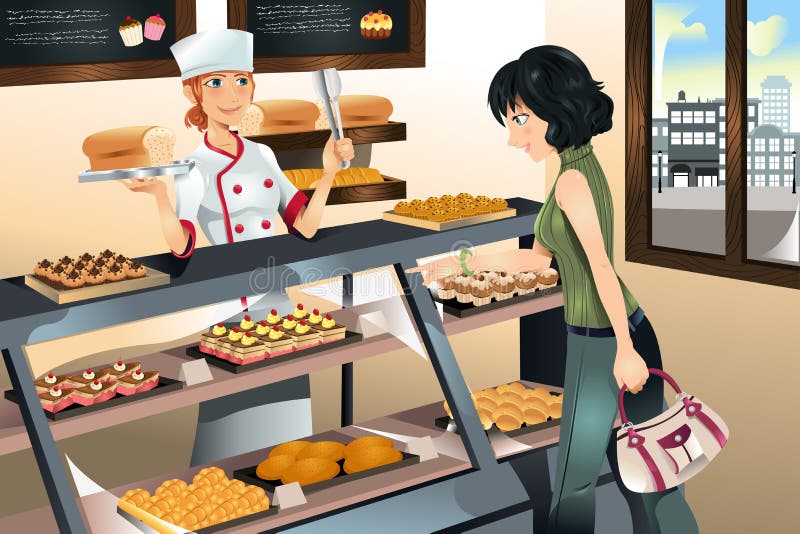 Het kopen van cake bij bakkerijopslag vector illustratie Het kopen van cake bij bakkerijopslag vector illustratie
