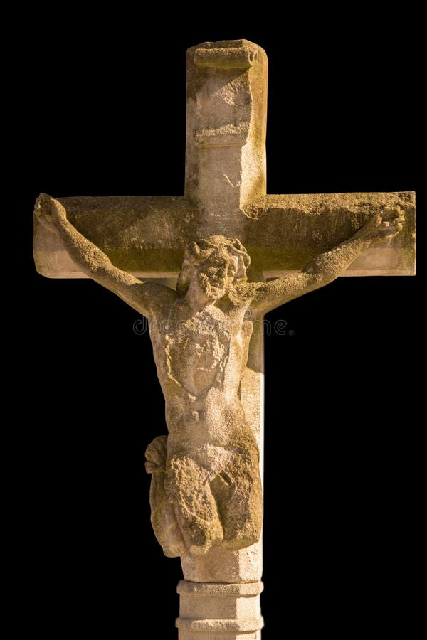 Het kruisbeeld van Jezus Christus Zeer oud steenstandbeeld stock foto