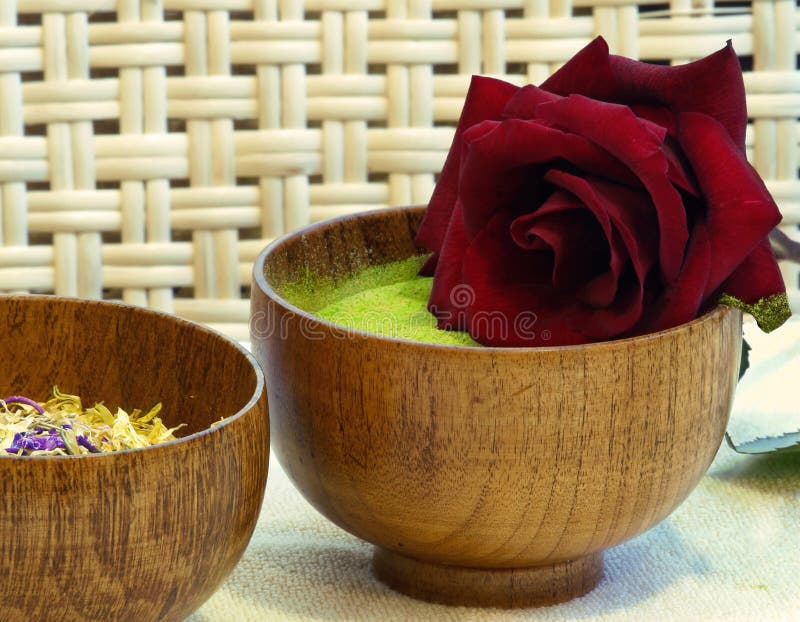 Red rose and teabowls with spices for oriental spa. Red rose and teabowls with spices for oriental spa