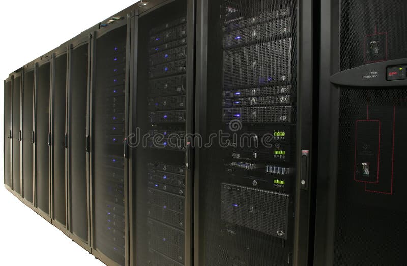 Several racks of 1u and 2u servers in black cabinets. Image is isolated on white background. Several racks of 1u and 2u servers in black cabinets. Image is isolated on white background.