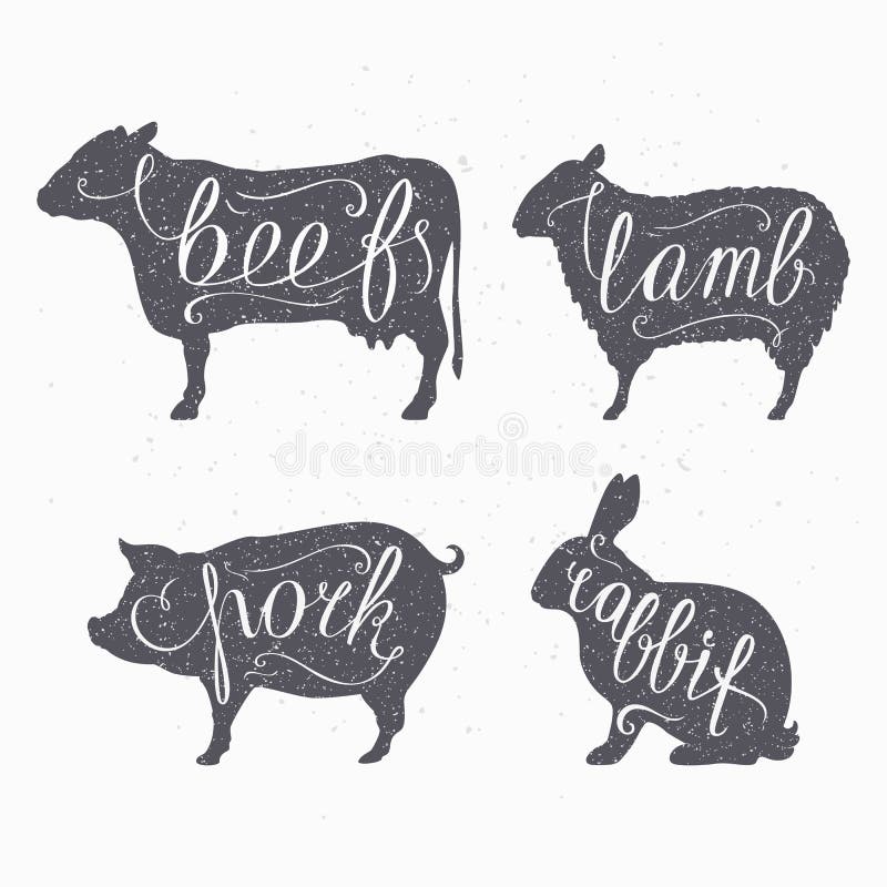Het landbouwbedrijfdieren van de Hipsterstijl silhouetts Rundvlees, lam royalty-vrije illustratie Het landbouwbedrijfdieren van de Hipsterstijl silhouetts Rundvlees, lam royalty-vrije illustratie