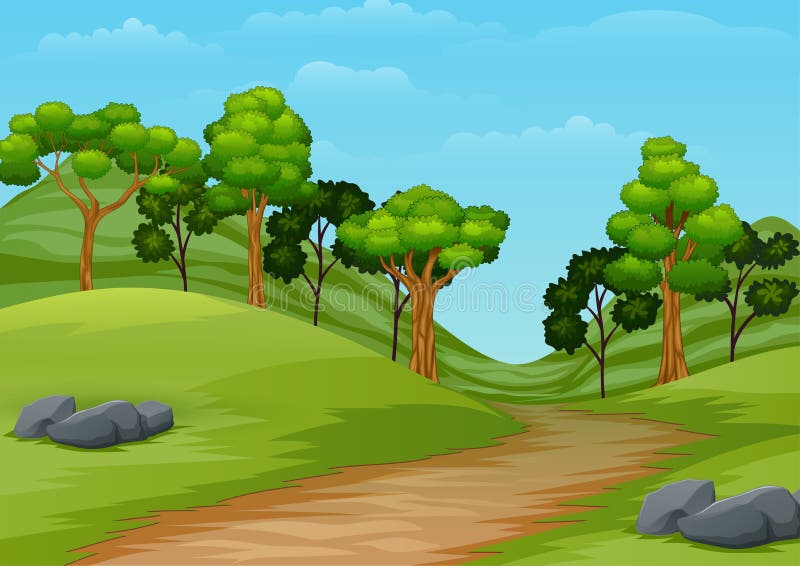 Het landschap van de beeldverhaalzomer met wegsleep aan bos stock illustratie Het landschap van de beeldverhaalzomer met wegsleep aan bos stock illustratie