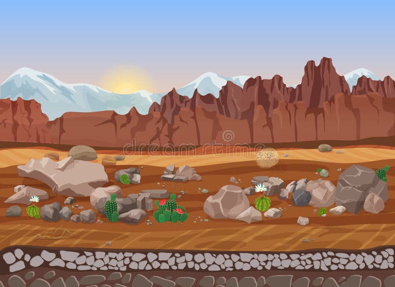 Het landschap van de de droge steenwoestijn van de beeldverhaalprairie met cactus, bergen, rotsen en zand stock illustratie Het landschap van de de droge steenwoestijn van de beeldverhaalprairie met cactus, bergen, rotsen en zand stock illustratie
