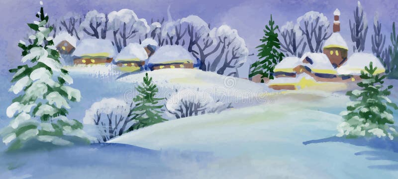 Het landschap van de waterverfwinter met sneeuwhuizenillustratie royalty-vrije illustratie Het landschap van de waterverfwinter met sneeuwhuizenillustratie royalty-vrije illustratie