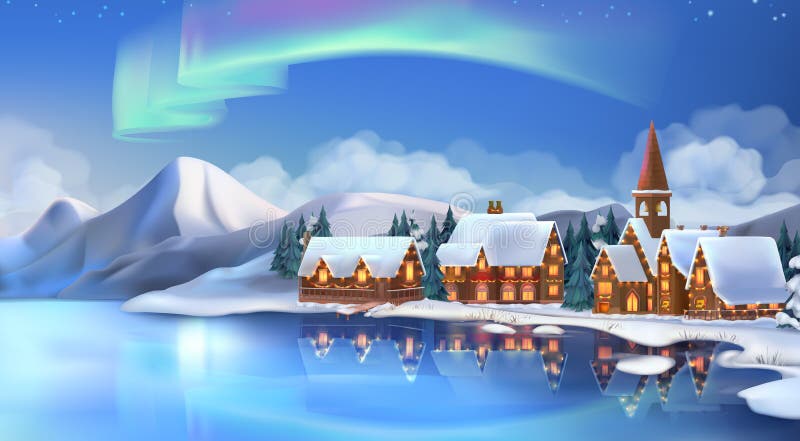 Winter landscape. Christmas cottages. Festive Christmas decorations. New Year background. 3d vector illustration. Winter landscape. Christmas cottages. Festive Christmas decorations. New Year background. 3d vector illustration