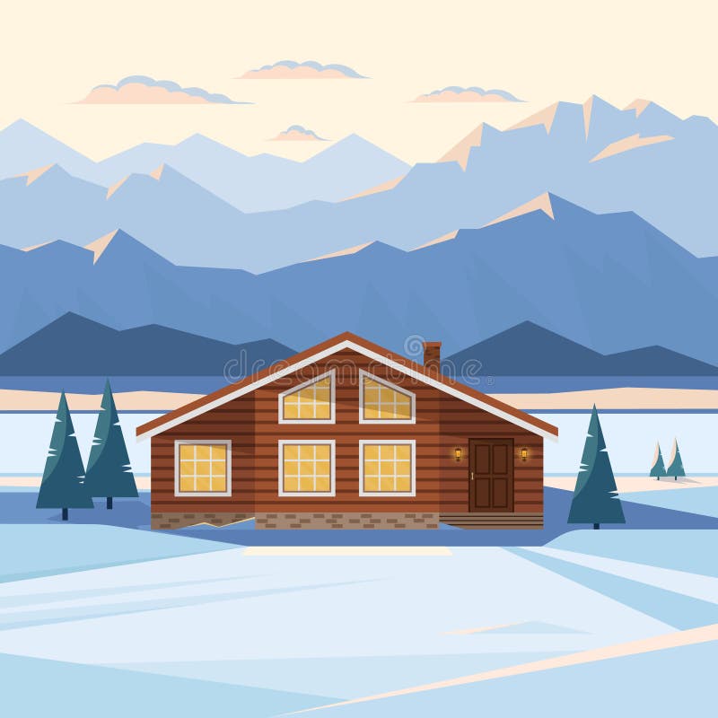 Het landschap van de de winterberg met blokhuis, chalet, sneeuw, verlichtte bergpieken, rivier, sparren, verlichte vensters royalty-vrije illustratie Het landschap van de de winterberg met blokhuis, chalet, sneeuw, verlichtte bergpieken, rivier, sparren, verlichte vensters royalty-vrije illustratie