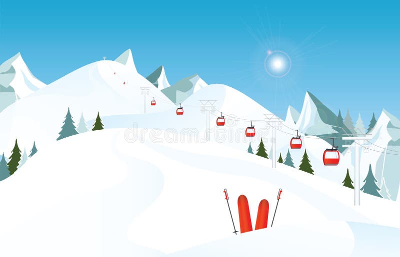 Het landschap van de de winterberg met paar skis in sneeuw en skilift vector illustratie Het landschap van de de winterberg met paar skis in sneeuw en skilift vector illustratie