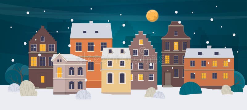 Het landschap van de de winterstad Oude stad met verschillende huizen bij nacht