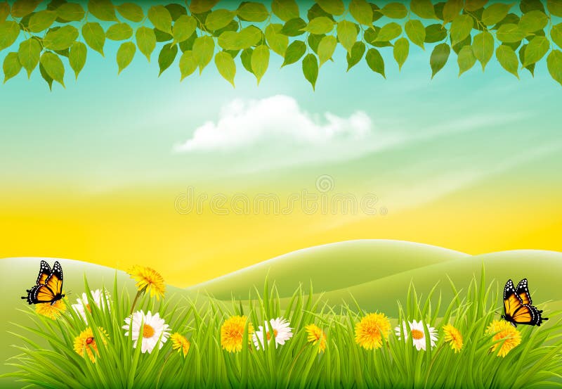 Het landschapsachtergrond van de de lenteaard met bloemen en vlinders vector illustratie Het landschapsachtergrond van de de lenteaard met bloemen en vlinders vector illustratie
