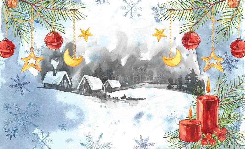Het landschapsachtergrond van de winter Waterverf het schilderen, beeld - bos, aard, boom Het kan als embleem, kaart worden gebru vector illustratie Het landschapsachtergrond van de winter Waterverf het schilderen, beeld - bos, aard, boom Het kan als embleem, kaart worden gebru vector illustratie