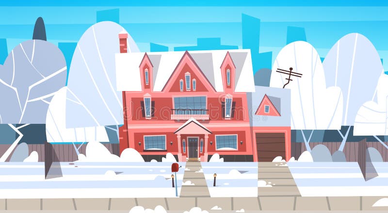 Het LandschapsWoningbouw van de dorpswinter met Sneeuw op Hoogste Stad of Stadsvoorstadstraat stock illustratie Het LandschapsWoningbouw van de dorpswinter met Sneeuw op Hoogste Stad of Stadsvoorstadstraat stock illustratie