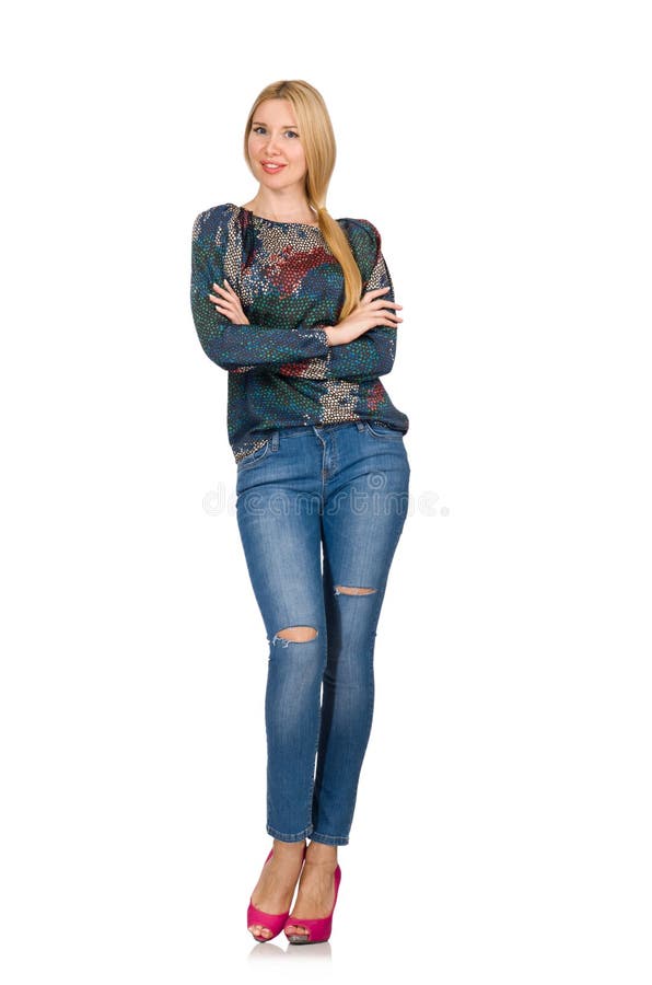 Het lange blonde haar model stellen in jeans die op wit wordt geïsoleerd royalty-vrije stock fotografie Het lange blonde haar model stellen in jeans die op wit wordt geïsoleerd royalty-vrije stock fotografie