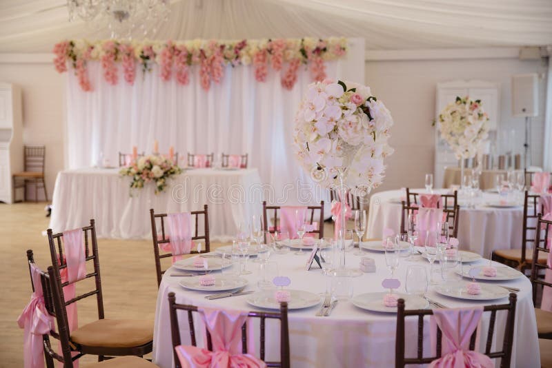 Het lege teken van het advertentie ruimtekader - de decoratie van de Huwelijksopstelling tijdens Ontvangst - Tedere roze en witte