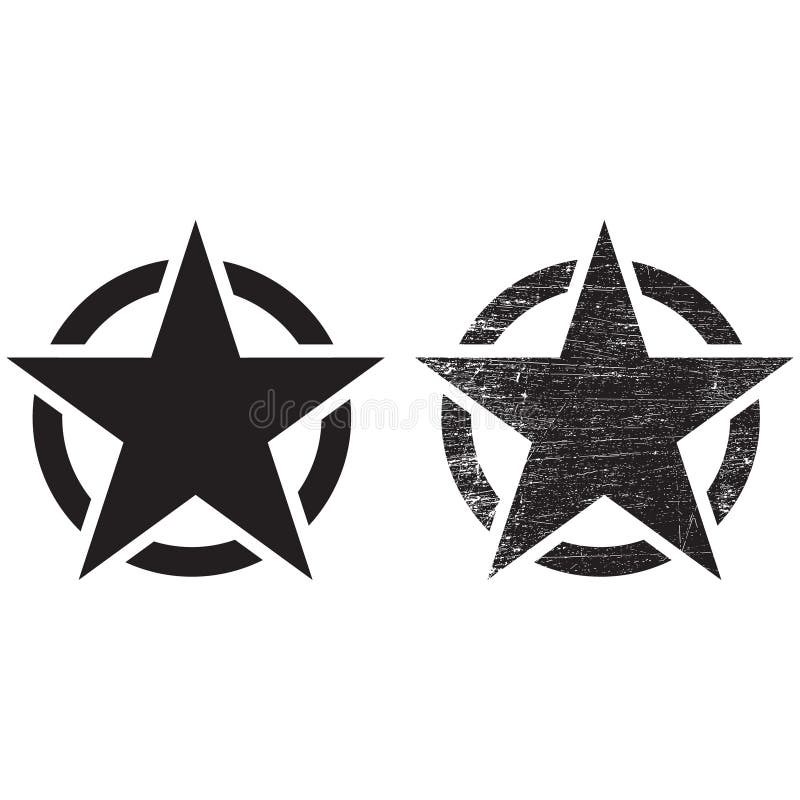 Het legerteken van de VS, de ster van het Leger, het oorlogssymbool, vector, Vintage retro grunge zwarte ster in cirkel op witte a