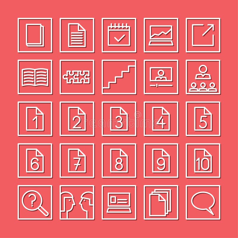 Het leren en studie vlakke pictogramreeks Witte lineaire pictogrammen op een rode achtergrond royalty-vrije illustratie Het leren en studie vlakke pictogramreeks Witte lineaire pictogrammen op een rode achtergrond royalty-vrije illustratie