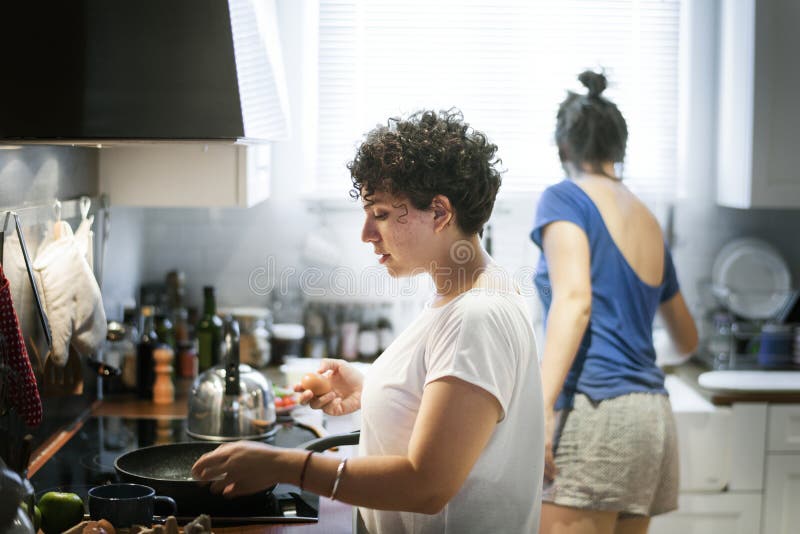 Het lesbische paar koken in de keuken samen royalty-vrije stock afbeelding Het lesbische paar koken in de keuken samen royalty-vrije stock afbeelding