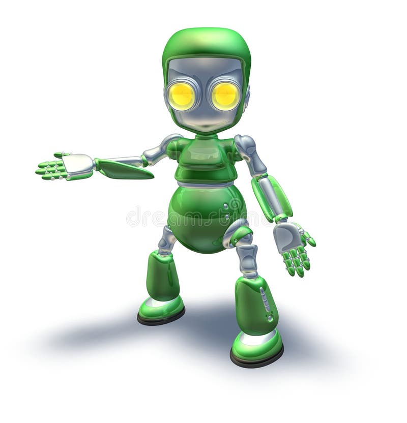 Schattig groen metalen robotpersonage dat zich laat zien vector illustratie