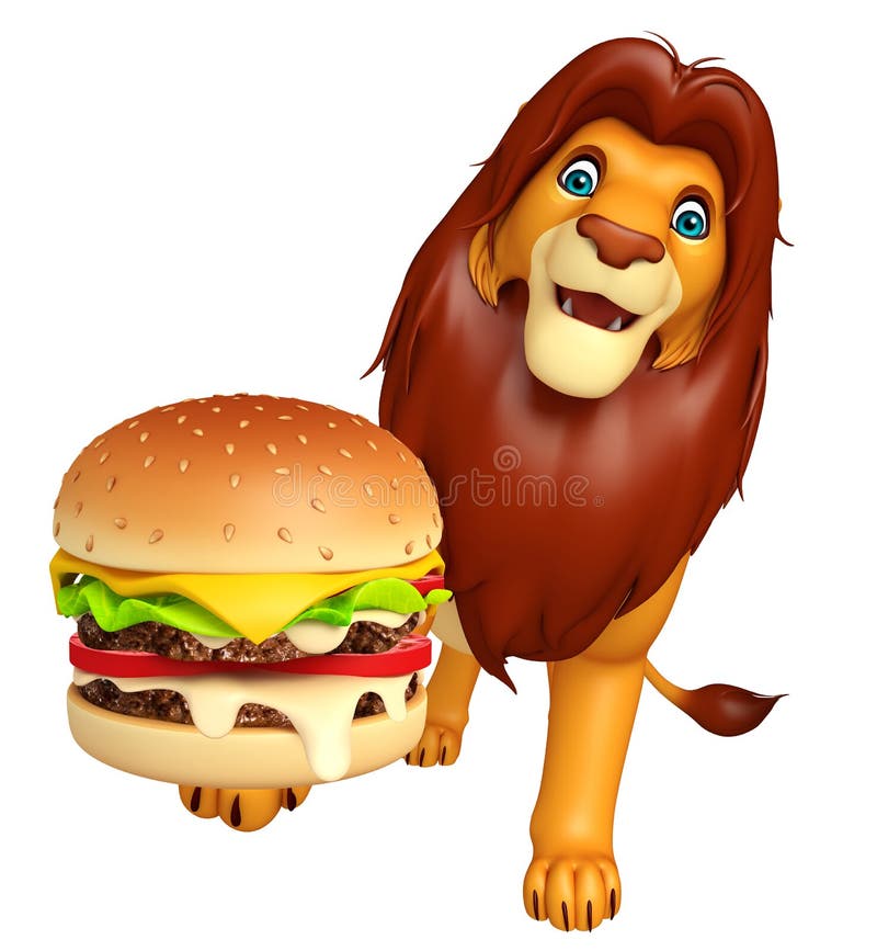 Het leuke karakter van het Leeuwbeeldverhaal met hamburger stock illustratie Het leuke karakter van het Leeuwbeeldverhaal met hamburger stock illustratie