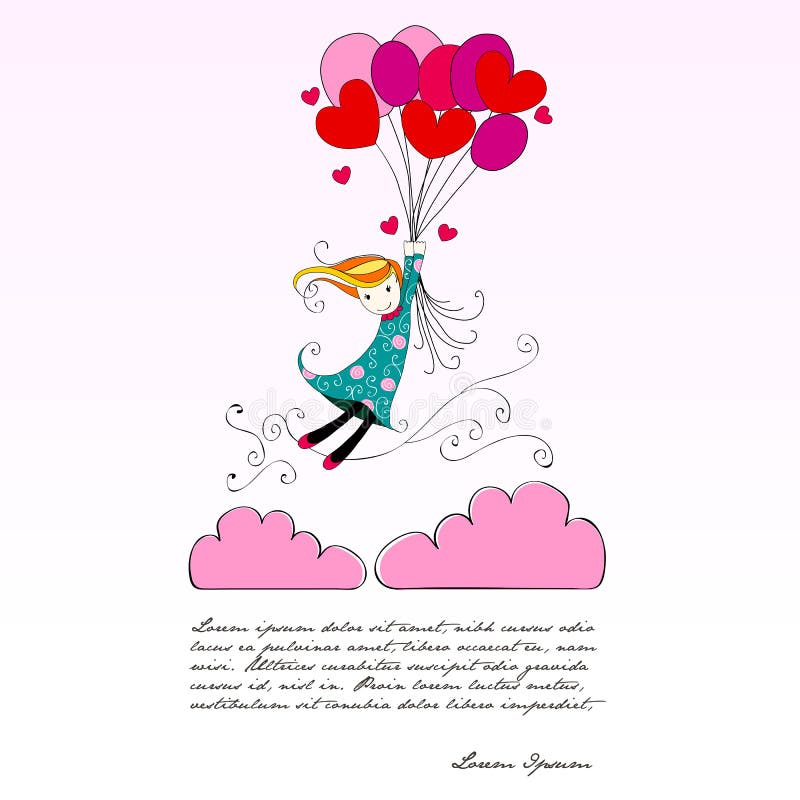 Het leuke meisje wegvliegen heartshaped ballons vector illustratie Het leuke meisje wegvliegen heartshaped ballons vector illustratie