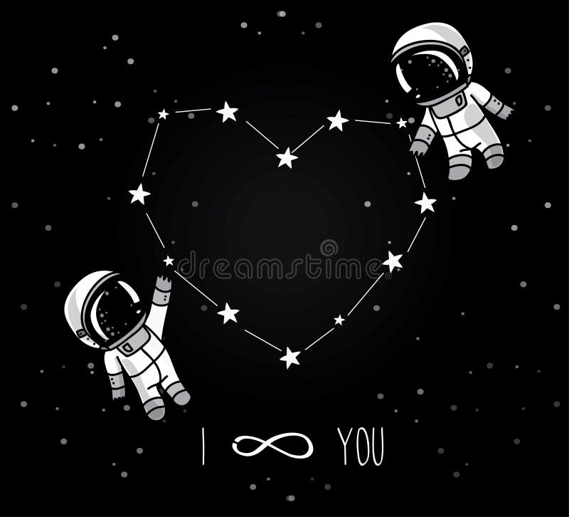 Cute doodle astronauts couple and heart formed constellation, cosmic card for valentine&#x27;s day, vector illustration. Cute doodle astronauts couple and heart formed constellation, cosmic card for valentine&#x27;s day, vector illustration