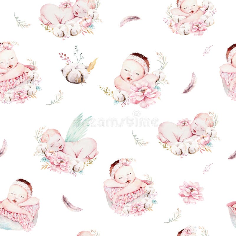 Het leuke pasgeboren patroon van de waterverfbaby Nieuw - geboren van de het kindillustratie van de droomslaap het meisje en de j
