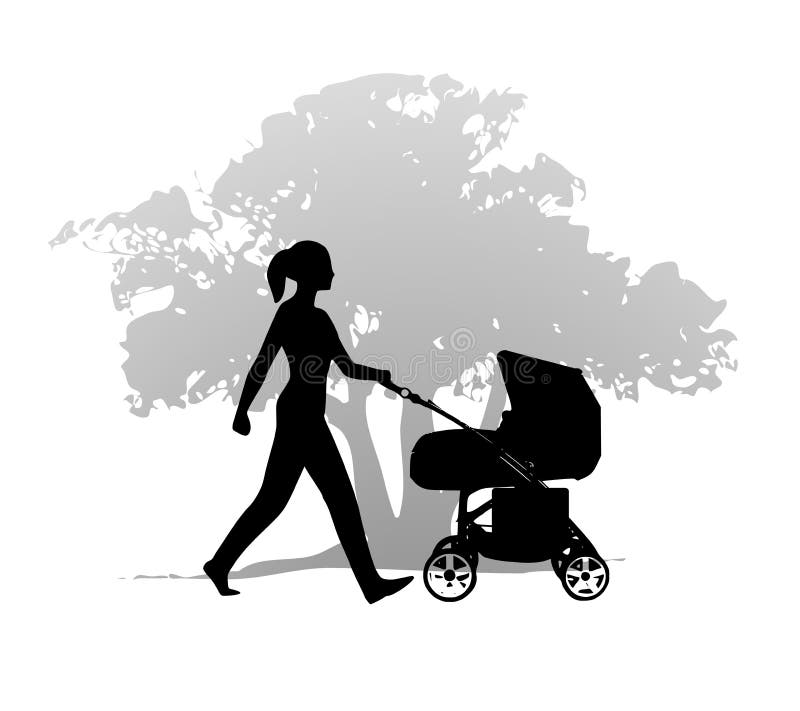 An illustration featuring a mother,nanny or babysitter walking with baby stroller in a park setting. An illustration featuring a mother,nanny or babysitter walking with baby stroller in a park setting