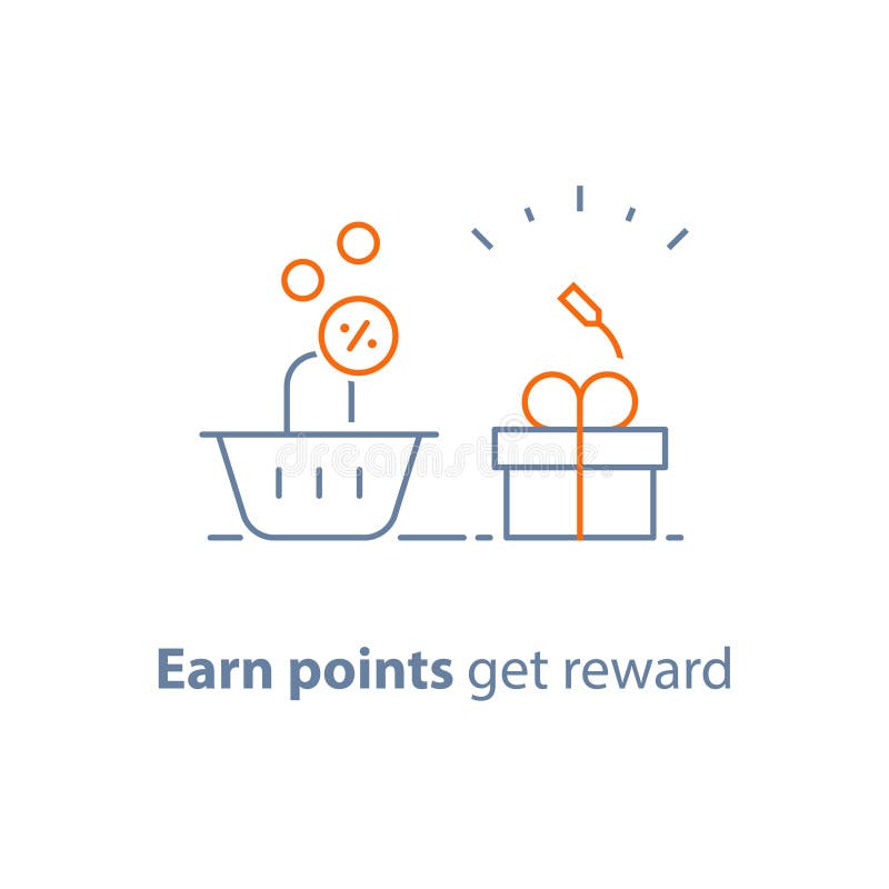 Het loyaliteitsprogramma, verdient punten en krijgt beloning, marketing concept, kleine giftvakje en het winkelen mand