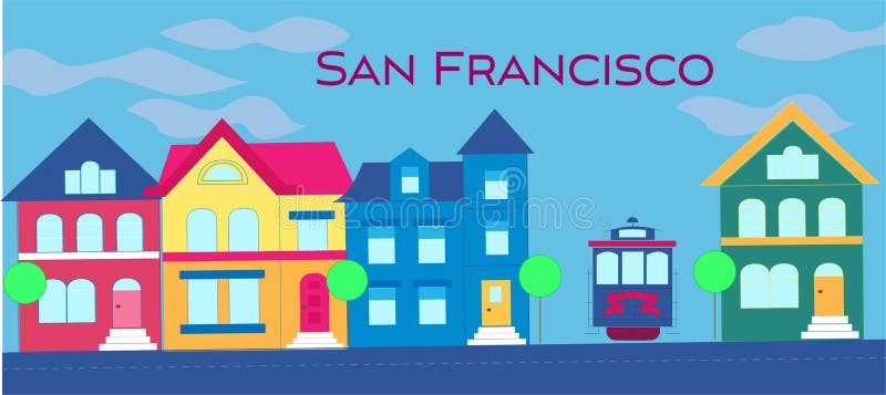 Het magenta magenta van letters voorzien van San Francisco Vector met kleurrijke victorian huizen en kabelwagen op lichtblauwe be royalty-vrije illustratie Het magenta magenta van letters voorzien van San Francisco Vector met kleurrijke victorian huizen en kabelwagen op lichtblauwe be royalty-vrije illustratie