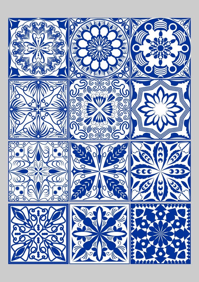 Het majolicaaardewerk betegelt megareeks, blauwe en witte azulejos, het originele Portugese en decor van Spanje stock illustratie Het majolicaaardewerk betegelt megareeks, blauwe en witte azulejos, het originele Portugese en decor van Spanje stock illustratie