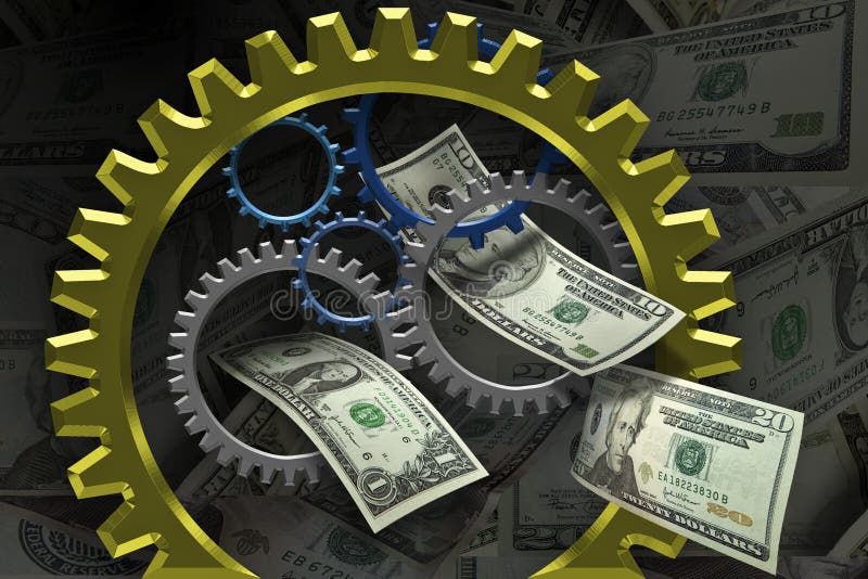 Several gears placed together with money in the background. Several gears placed together with money in the background