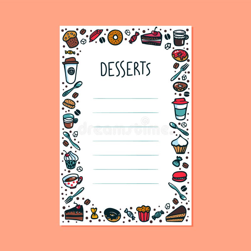Het malplaatje van het dessertsmenu Kleurrijke de koffiekoppen, gebakje en cakes van de krabbelstijl op lichte achtergrond met ex vector illustratie Het malplaatje van het dessertsmenu Kleurrijke de koffiekoppen, gebakje en cakes van de krabbelstijl op lichte achtergrond met ex vector illustratie