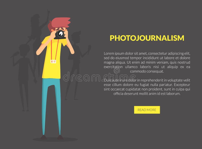 Het Malplaatje van het Photojournalismlandingspagina met Ruimte voor Tekst, Professionele Fotograaf Taking Picture met Fotocamera stock illustratie Het Malplaatje van het Photojournalismlandingspagina met Ruimte voor Tekst, Professionele Fotograaf Taking Picture met Fotocamera stock illustratie