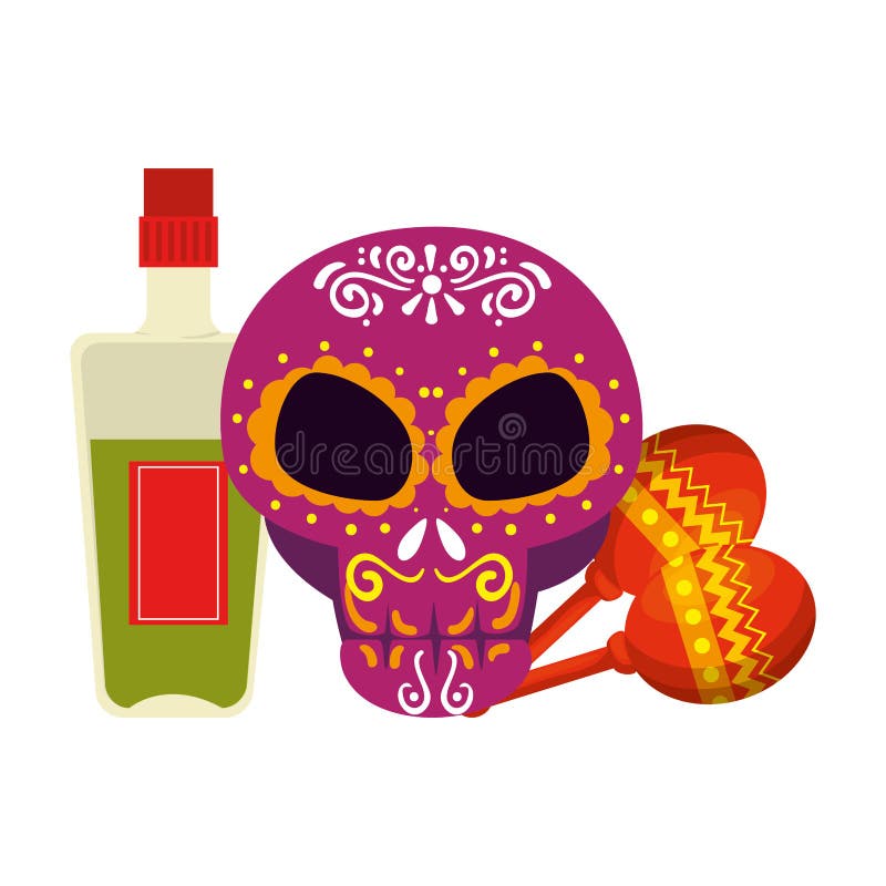 Het masker van de doodsdag met tequilafles en maracas stock illustratie Het masker van de doodsdag met tequilafles en maracas stock illustratie