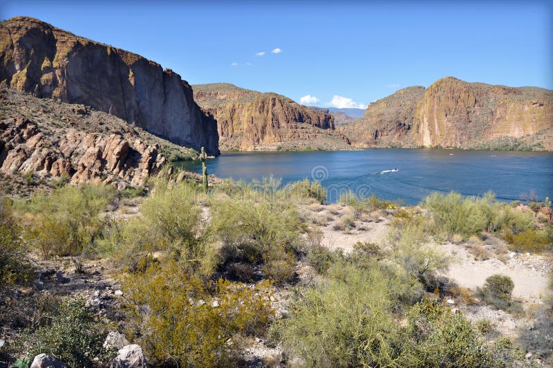 Canyon Lake is in Tonto National Forest, Arizona. It is connected to the Salt River and is a great place for boating. Canyon Lake is in Tonto National Forest, Arizona. It is connected to the Salt River and is a great place for boating.