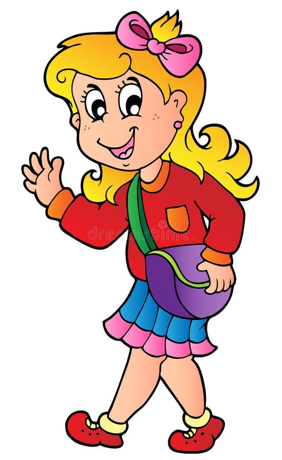 Het meisje dat van het beeldverhaal aan school loopt stock illustratie Het meisje dat van het beeldverhaal aan school loopt stock illustratie