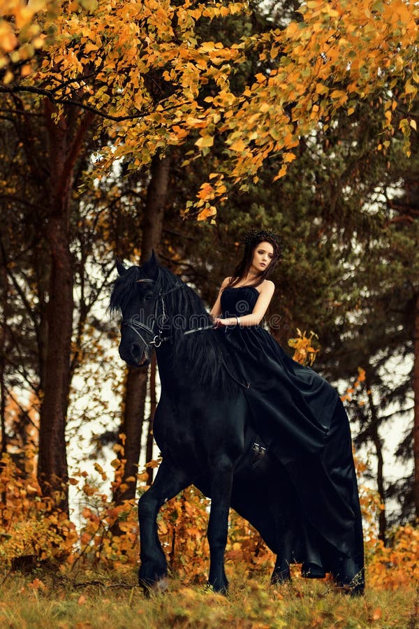 Het meisje in een zwarte kleding en een zwarte tiara op een Frisian-paard berijden op een magisch fairytalebos royalty-vrije stock afbeeldingen Het meisje in een zwarte kleding en een zwarte tiara op een Frisian-paard berijden op een magisch fairytalebos royalty-vrije stock afbeeldingen