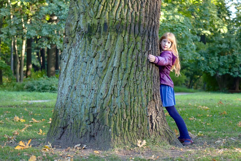Het meisje koestert een grote boom in de herfstpark royalty-vrije stock afbeelding Het meisje koestert een grote boom in de herfstpark royalty-vrije stock afbeelding