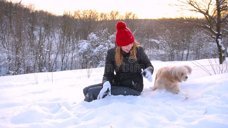 Het meisje maakt een pret met snowflackes en haar huisdier