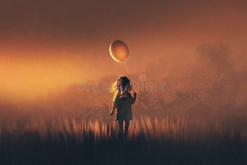 Het meisje met de ballon die van de gasmaskerholding zich op gebieden bevinden vector illustratie Het meisje met de ballon die van de gasmaskerholding zich op gebieden bevinden vector illustratie