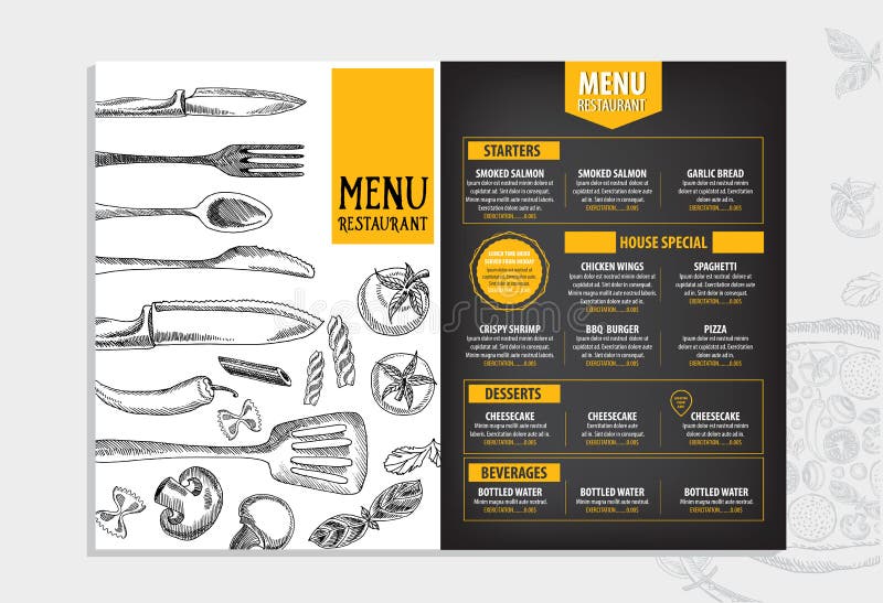 Het menu van de restaurantkoffie, malplaatjeontwerp Voedselvlieger