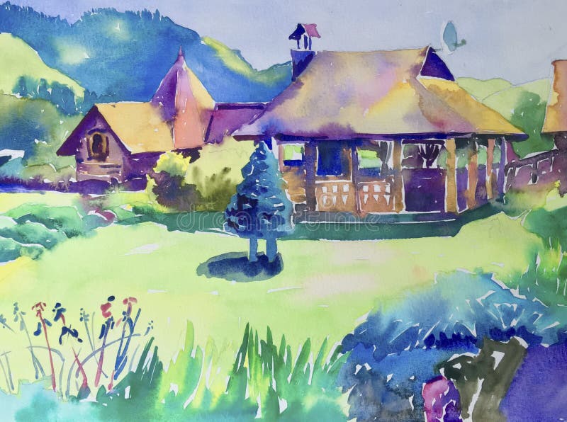 Het met de hand gemaakte waterverf schilderen van landelijk landschap stock illustratie Het met de hand gemaakte waterverf schilderen van landelijk landschap stock illustratie