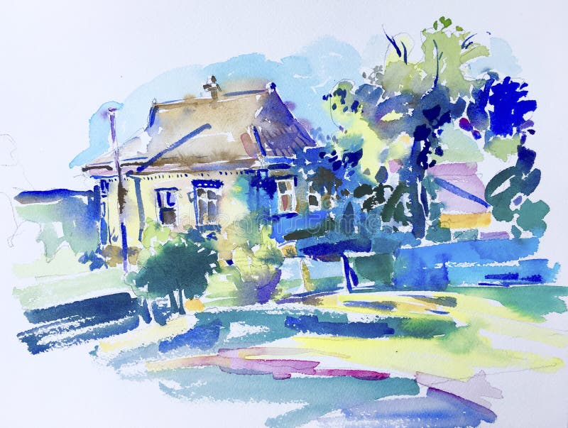 Het met de hand gemaakte waterverf schilderen van landelijk landschap stock illustratie Het met de hand gemaakte waterverf schilderen van landelijk landschap stock illustratie